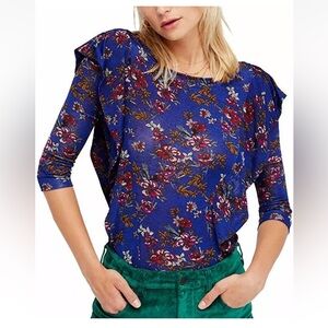 FREE PEOPLE floral top, electric blue w/ruffles sz 9